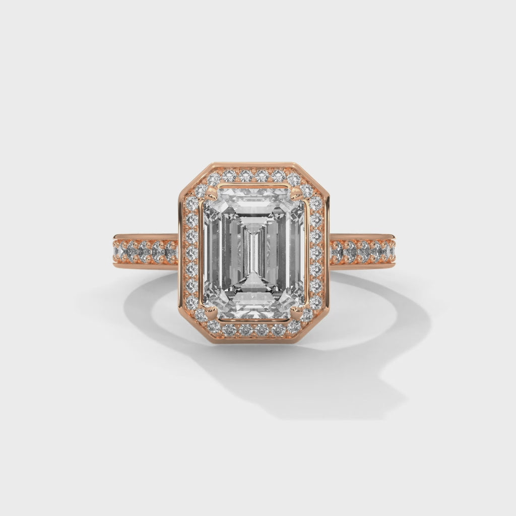 Emerald Halo Engagement Ring with Pave 18K Rose Gold | Lab Grown Diamond