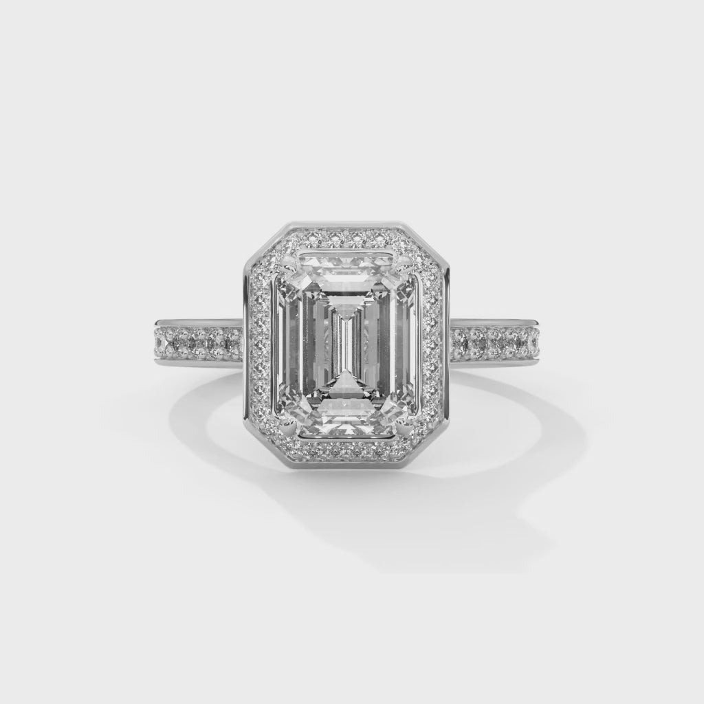 Emerald Halo Engagement Ring with Pave Platinum | Lab Grown Diamond