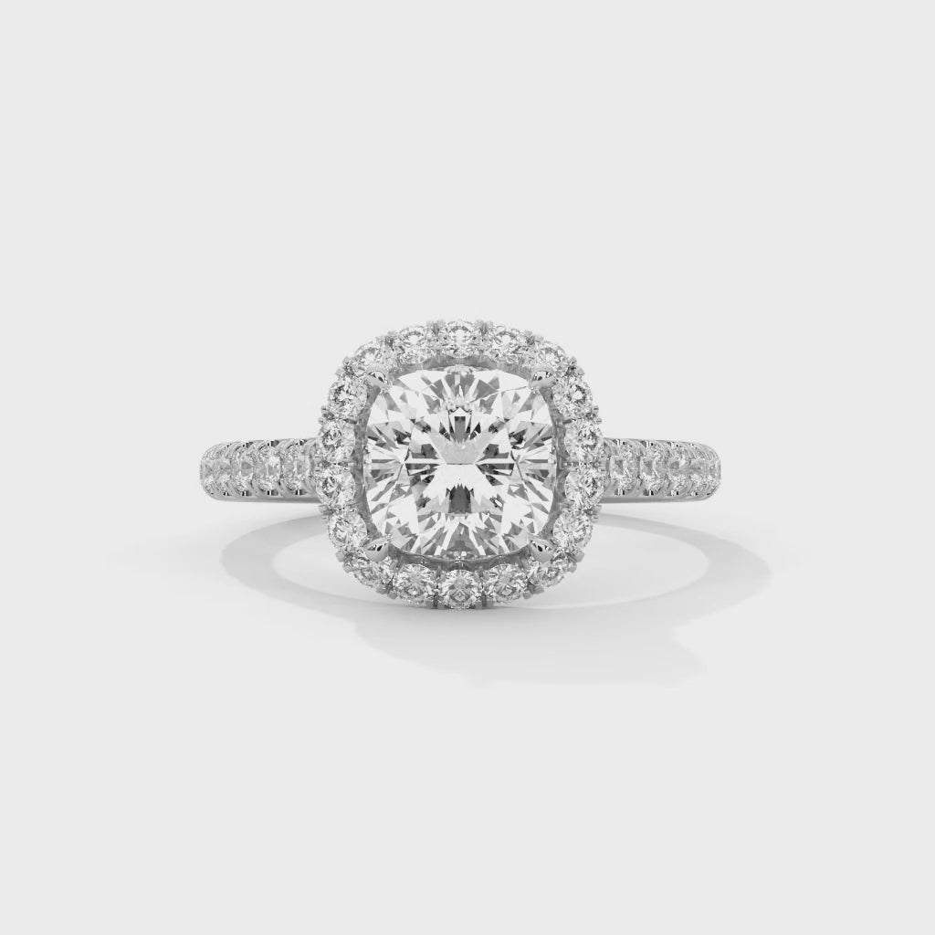 Cushion Halo Cathedral Engagement Ring with Pave Platinum | Lab Grown Diamond