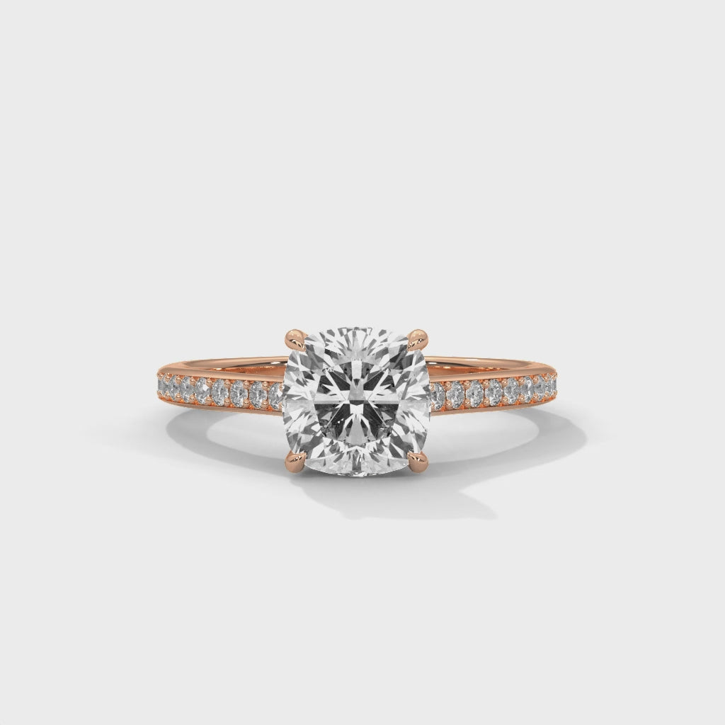 Cushion Cathedral Engagement Ring with Pave 18K Rose Gold | Lab Grown Diamond